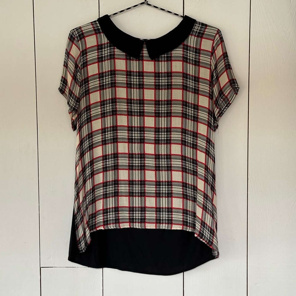 Zara Short Sleeve Plaid Top Medium Peter Pan Collar Twee